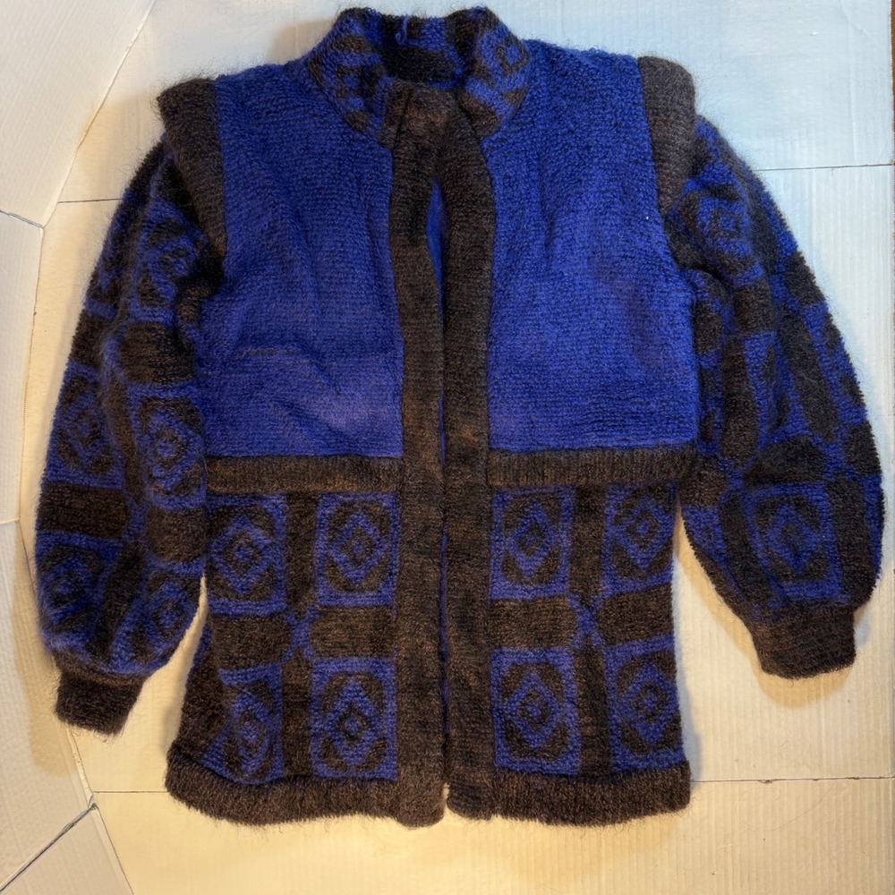 VTG 80s Mohair Wool purple Geometric Pattern sz 36 big‎ shoulders Sweater Jacket